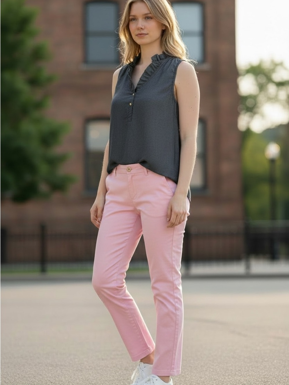 Navy Demin Ruffle Sleeveless Blouse